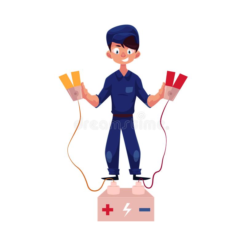 vector-flat-cartoon-funny-young-man-boy-mechanic-blue-uniform-holding-car-battery-charger-jumper-cable-clamps-male-full-lenght-100733472